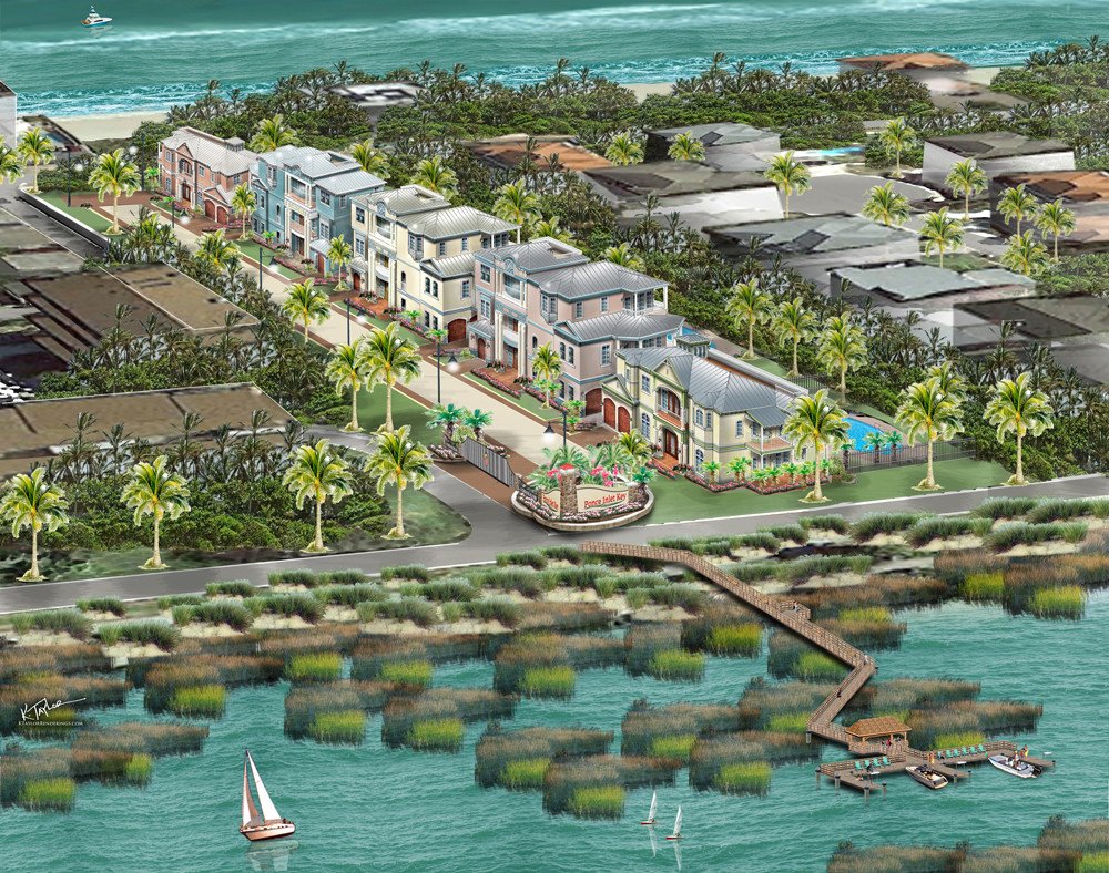 Ponce Inlet Key community rendering with boat dock